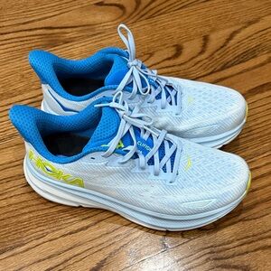 Hoka Clifton 9 White and Blue Athletic Sneakers